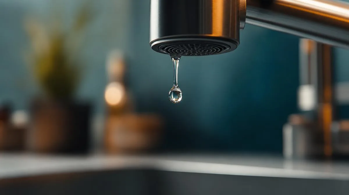 Gota de agua cayendo de un grifo de cocina
